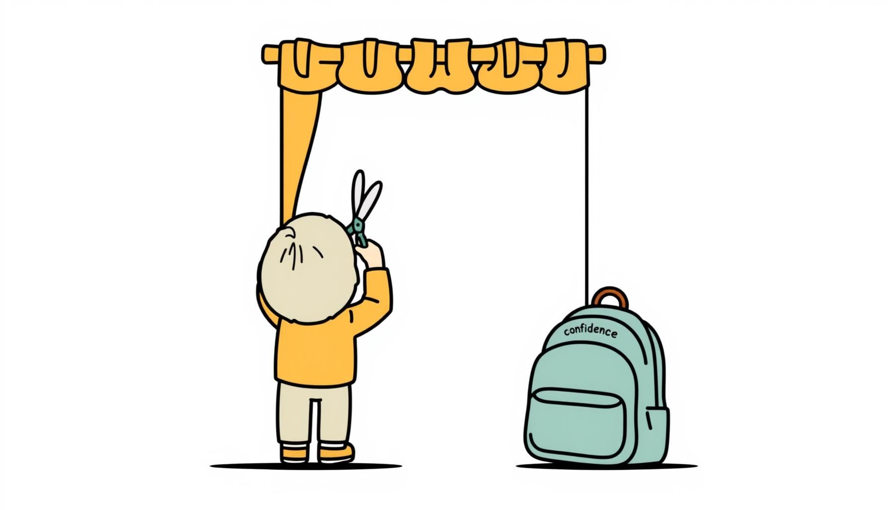 Child taping a new rod for a cardboard puppet theater