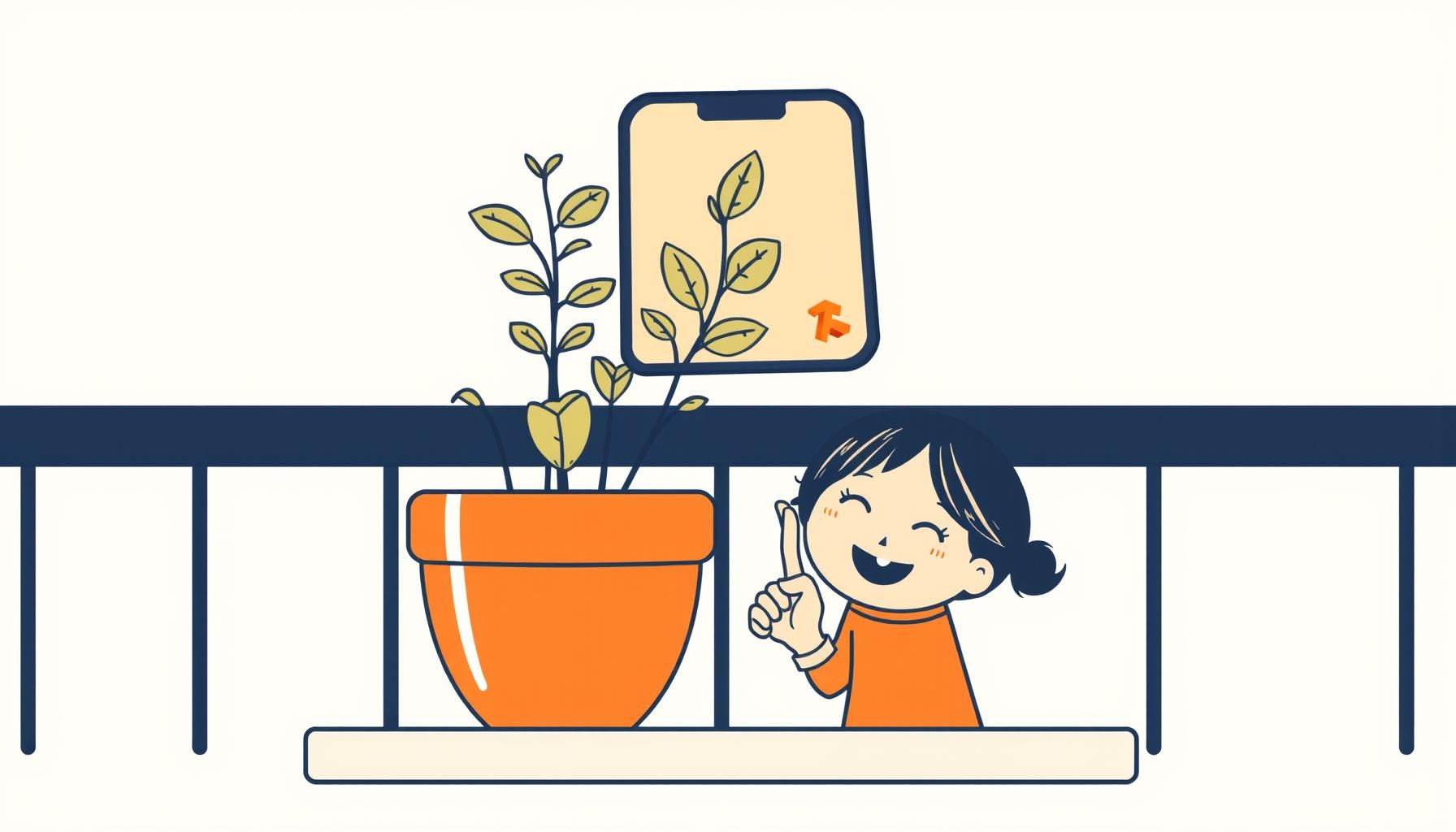 아이가 화분 잎사귀를 스마트폰으로 찍는 모습