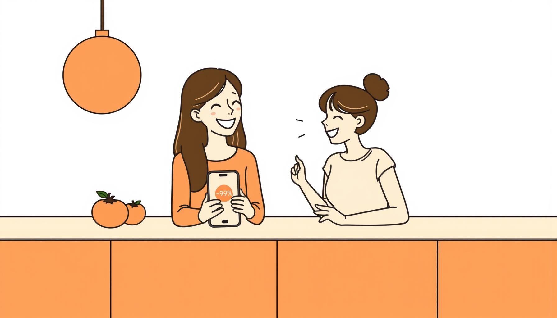 テーブルでスマホを見ながら笑顔で話す親子