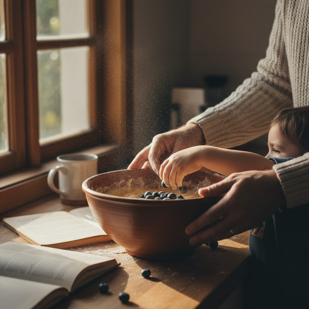 famille préparant des crêpes ensemble dans une cuisine ensoleillée