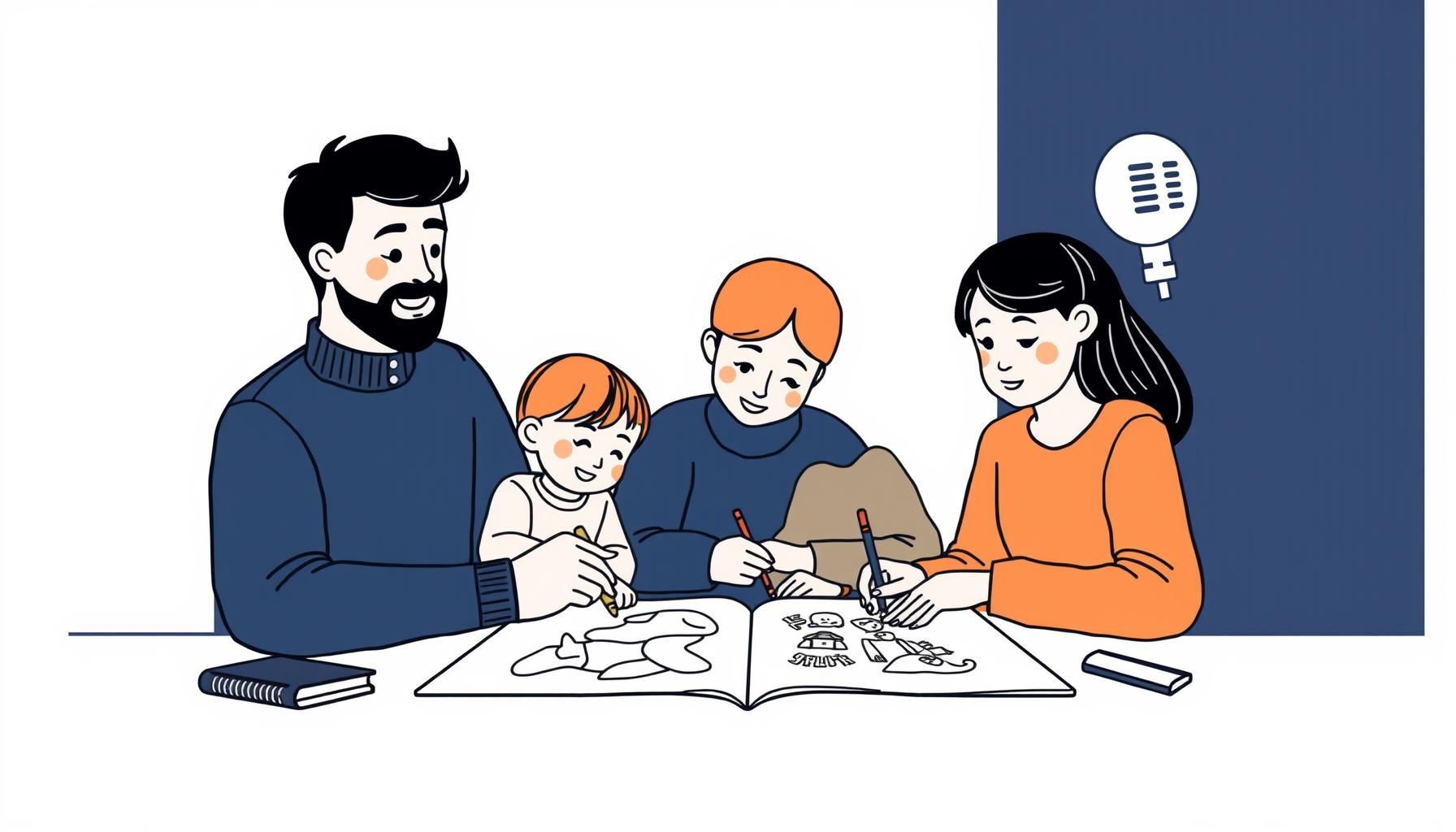 Familia creando historias juntos con dibujos y tablet