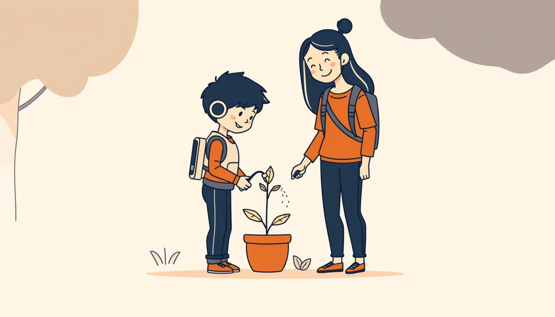 Niña dibujando un mini-robot sonriente junto al bol de cereales