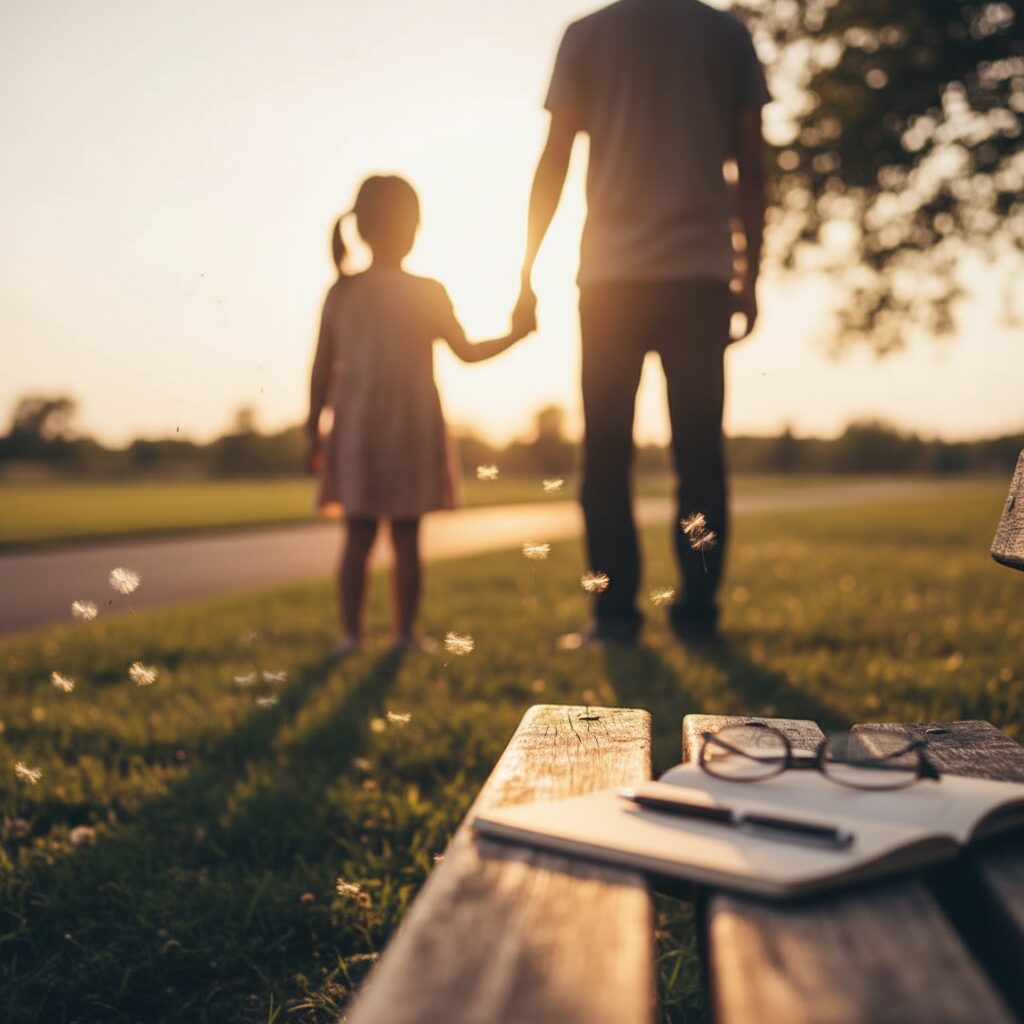 Ayah dan anak tersenyum sambil memeluk di taman