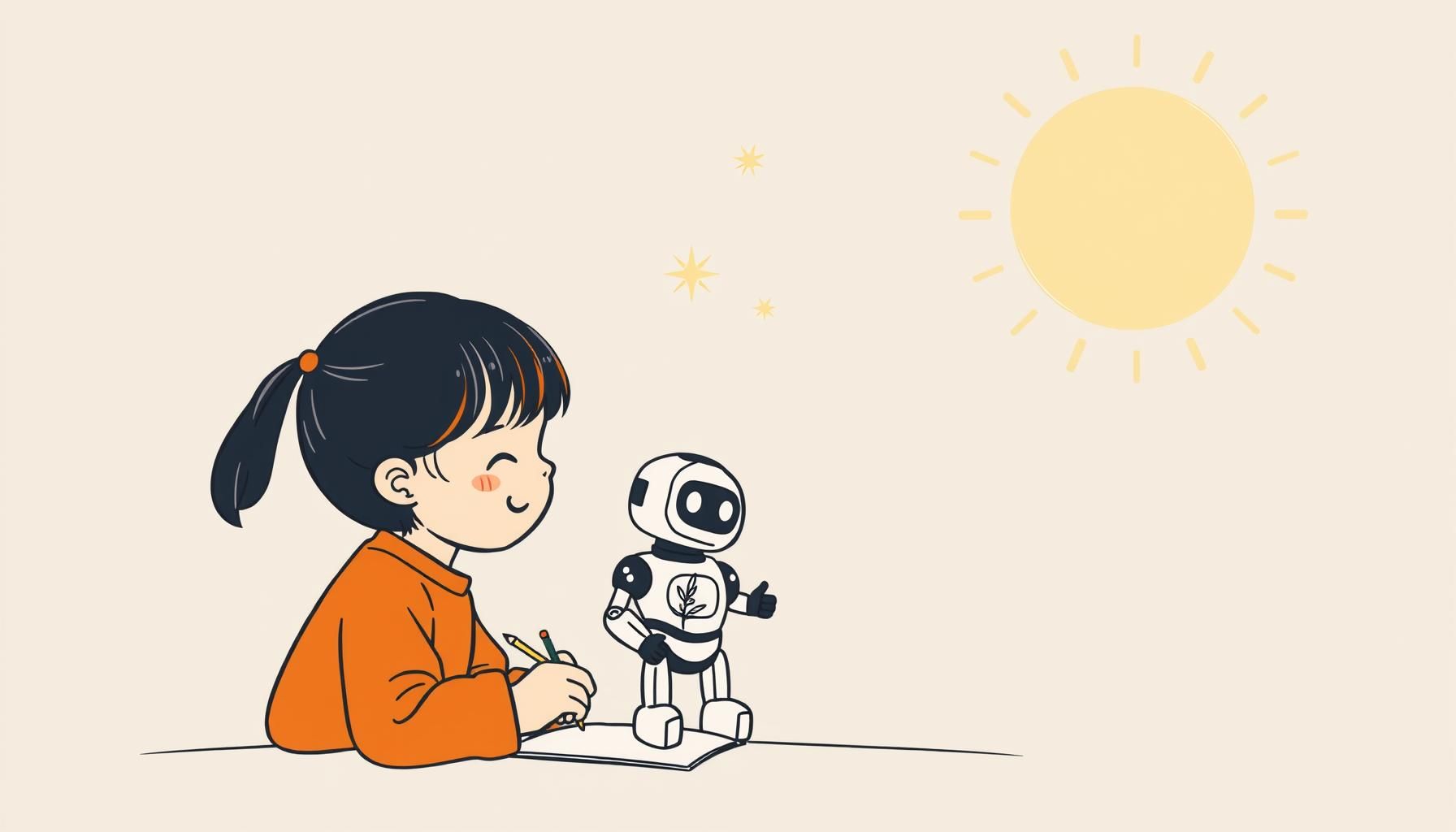 Con gái ôm bản vẽ robot giấy ngập nắng.