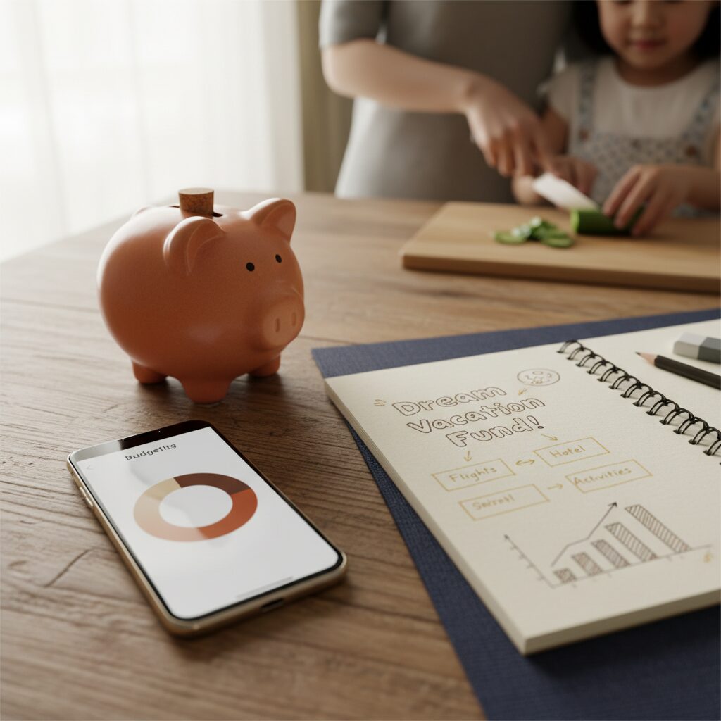 Keluarga diskusi keuangan dengan gadget