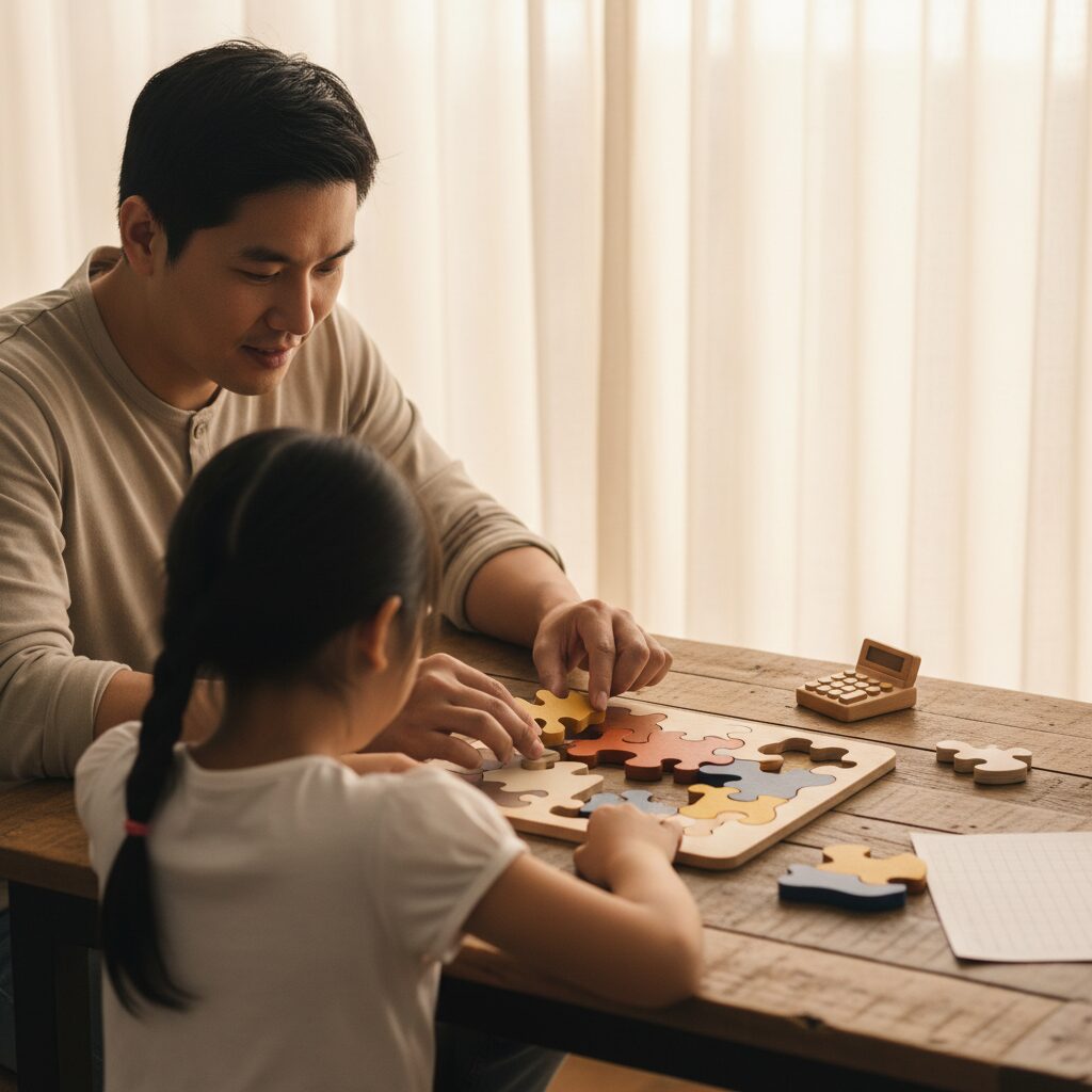 Ilustrasi keluarga bermain puzzle dengan latar AI