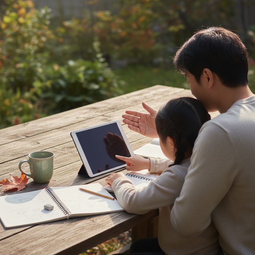 Pai e filha explorando dispositivos digitais juntos