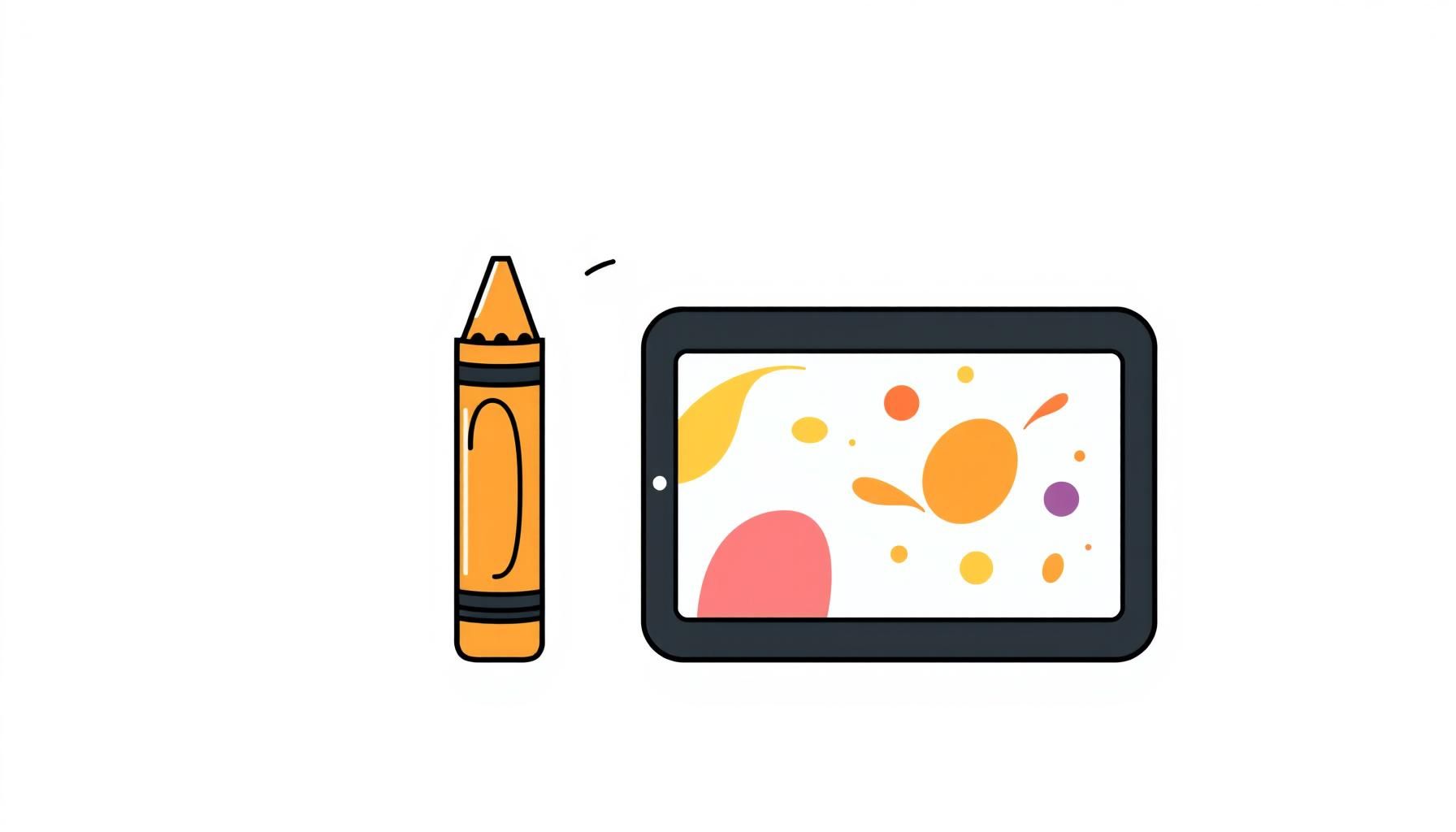 Anak menggambar dengan crayon sambil melihat tablet