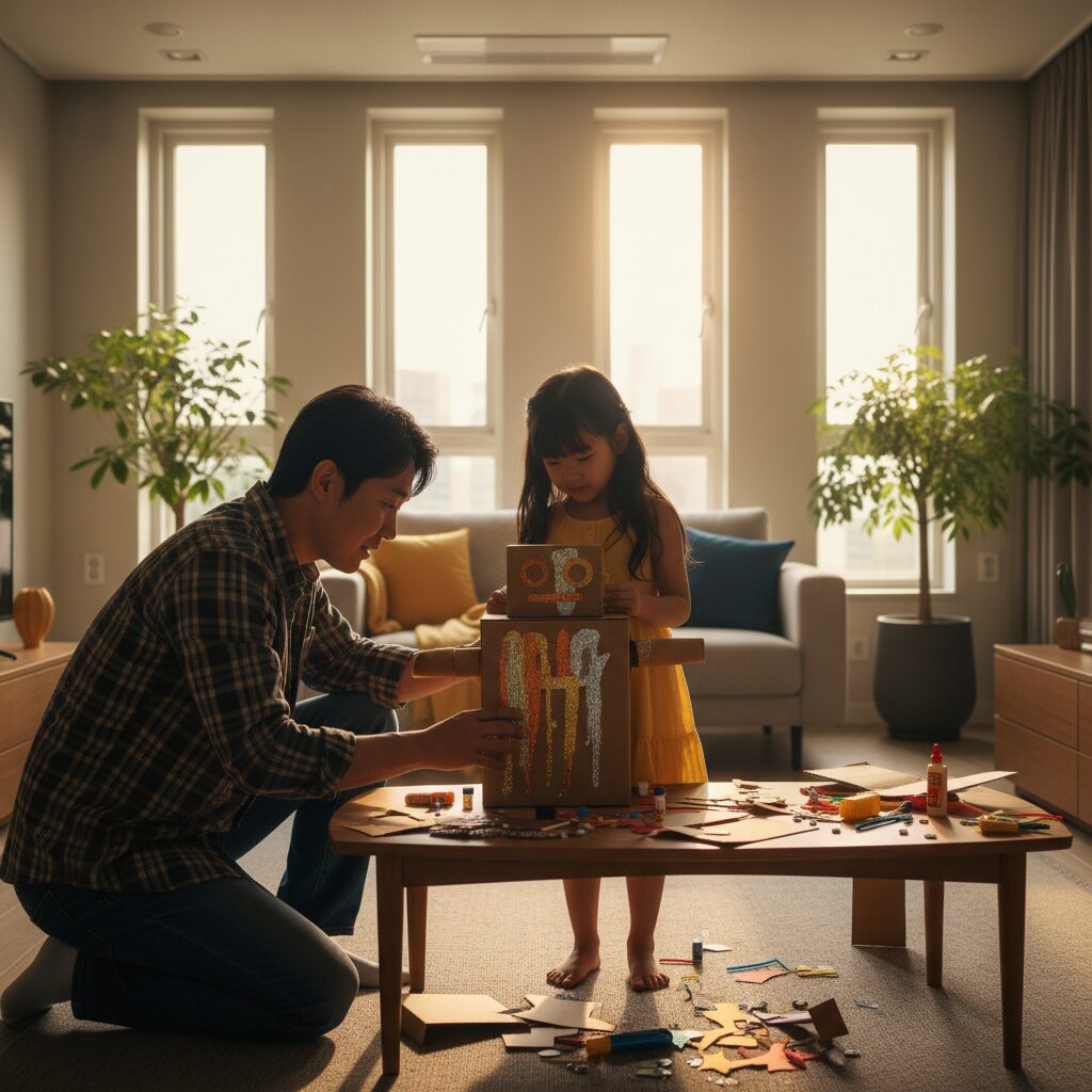 Child building robot with colorful craft materials