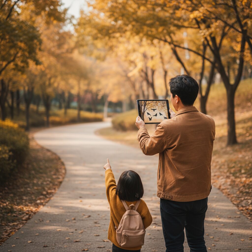 Famille utilisant une tablette lors d'une activité en plein air