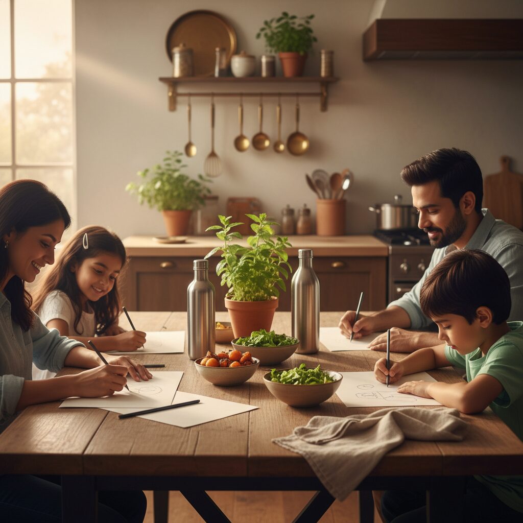 Família plantando flores simbolizando crescimento e sustentabilidade