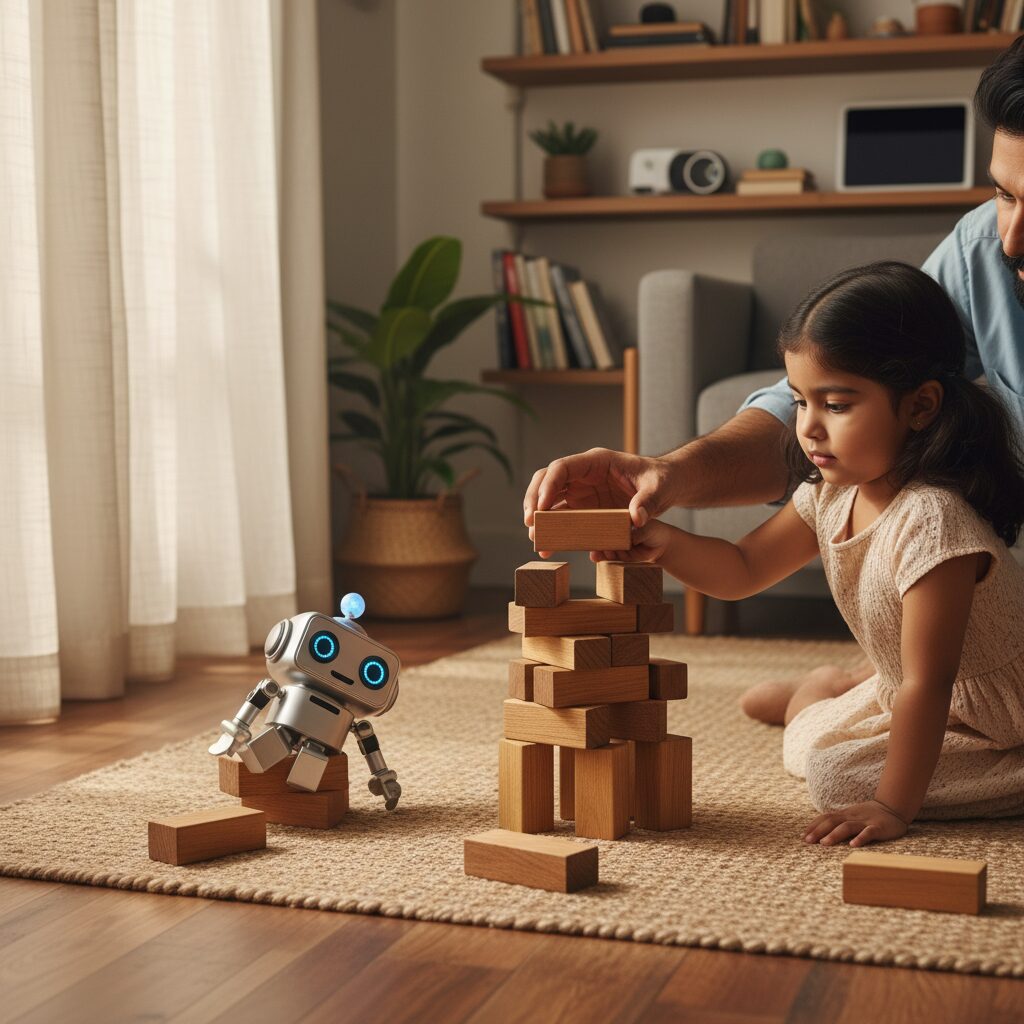 Crianças e adultos colaborando com tecnologia como equipe