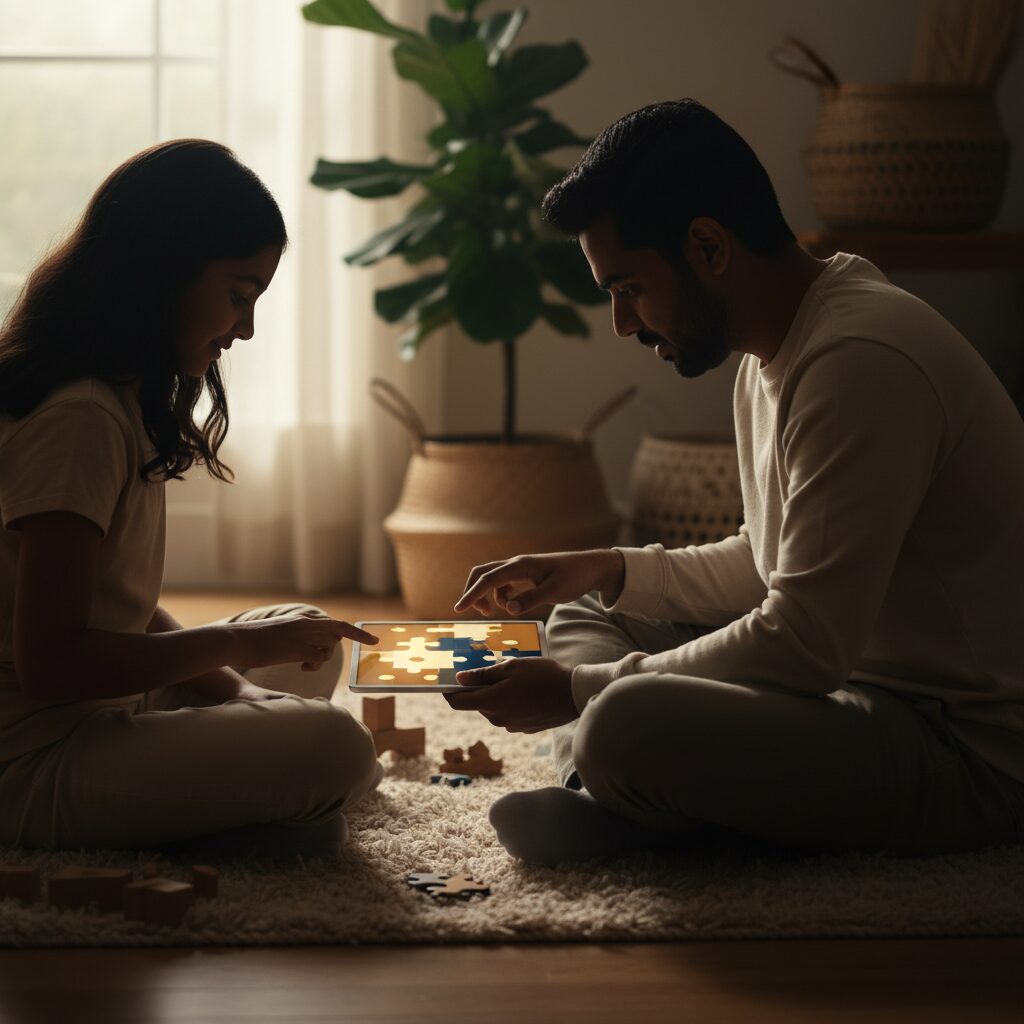 Criança explorando criatividade com robôs colaborativos