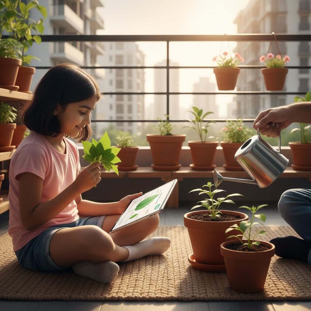 Família equilibrando dispositivos digitais e atividades ao ar livre