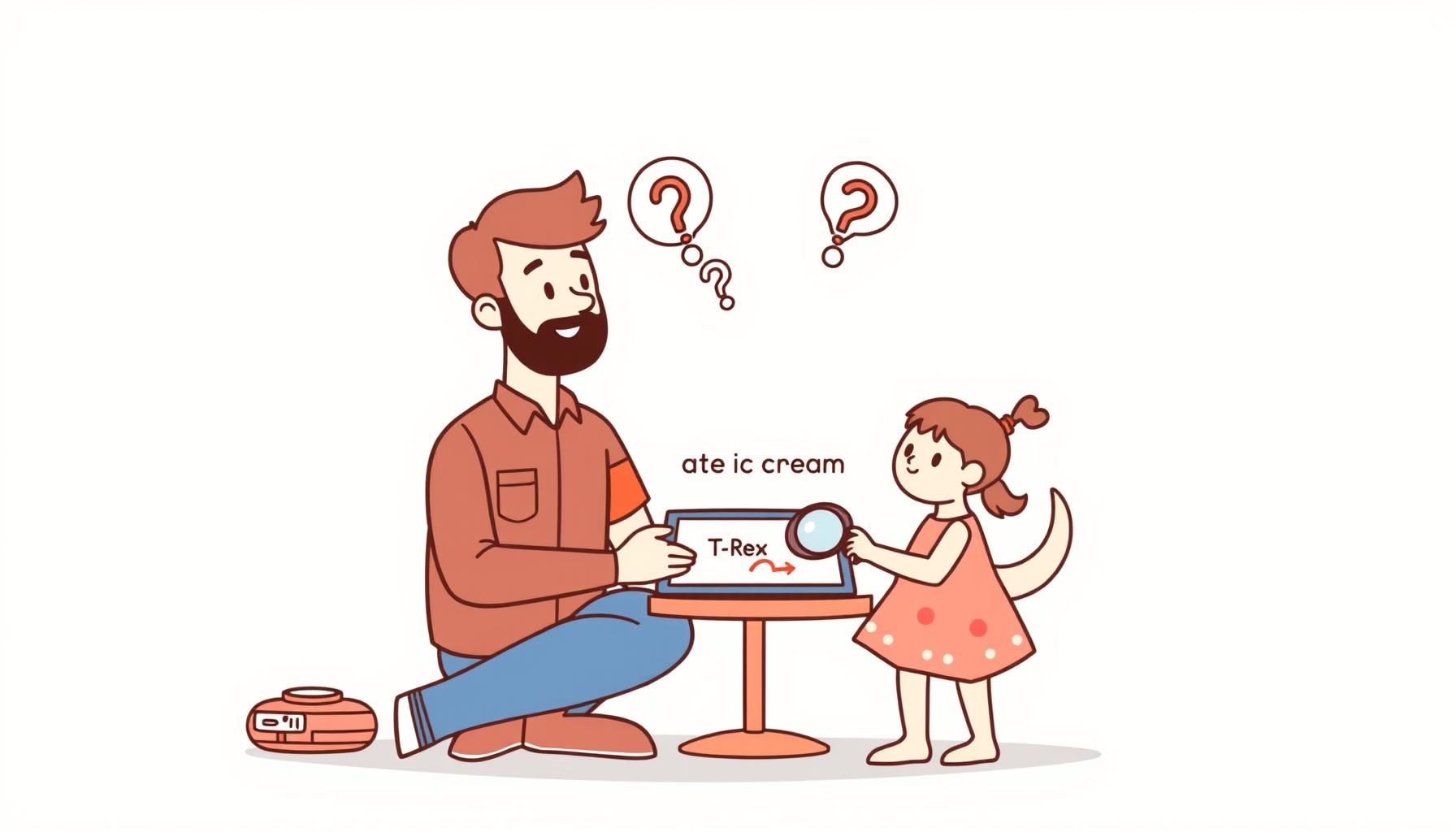 Parent and child fact-checking dinosaur book with tablet
