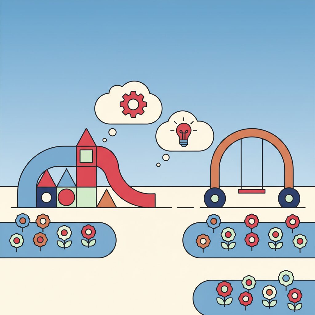 아이가 레고 블록처럼 생긴 AI 아이콘을 가지고 노는 상상도