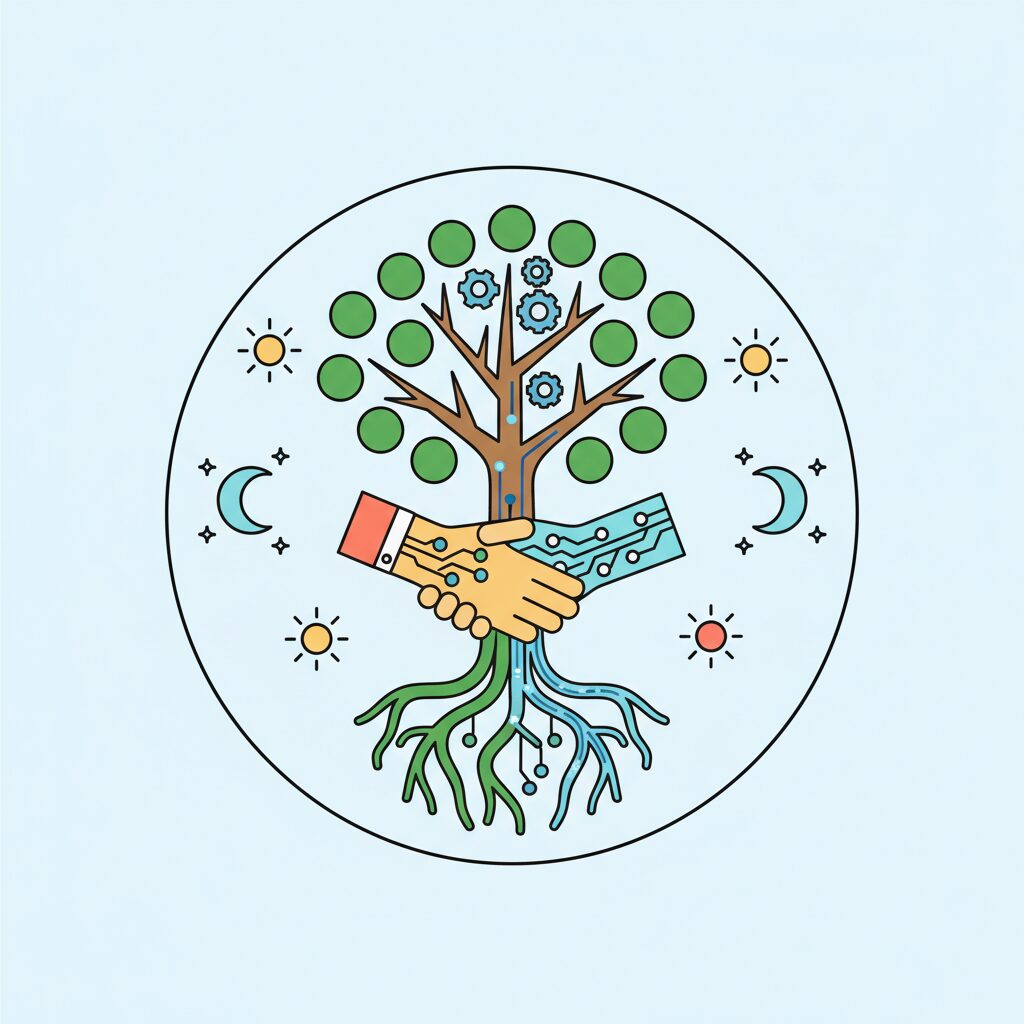 Familia en un entorno natural equilibrando tecnología y vida real