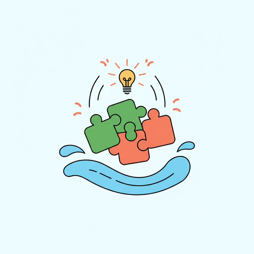 タブレットを見る親子と洪水対策AIの画面比較