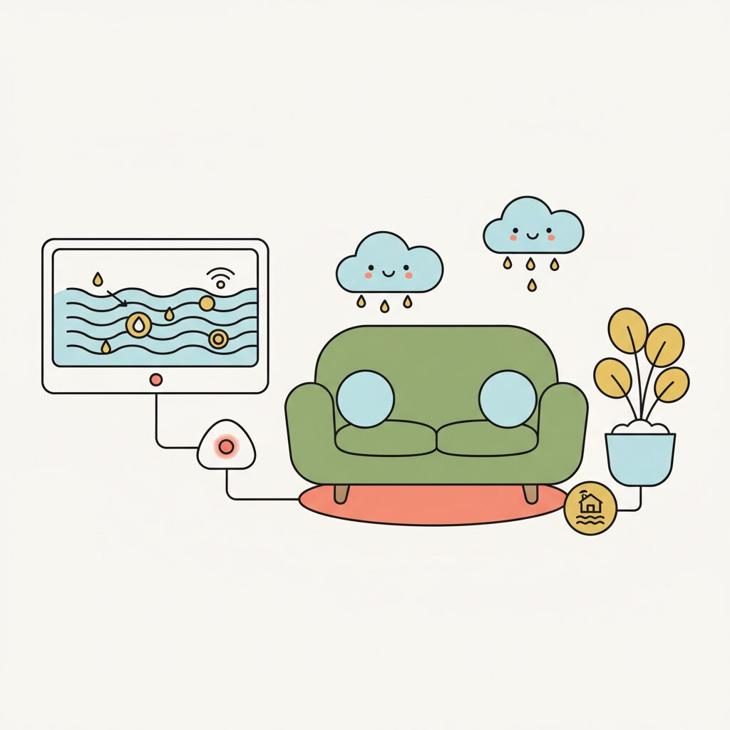 洪水監視カメラと子供が遊ぶ砂場の対比イメージ