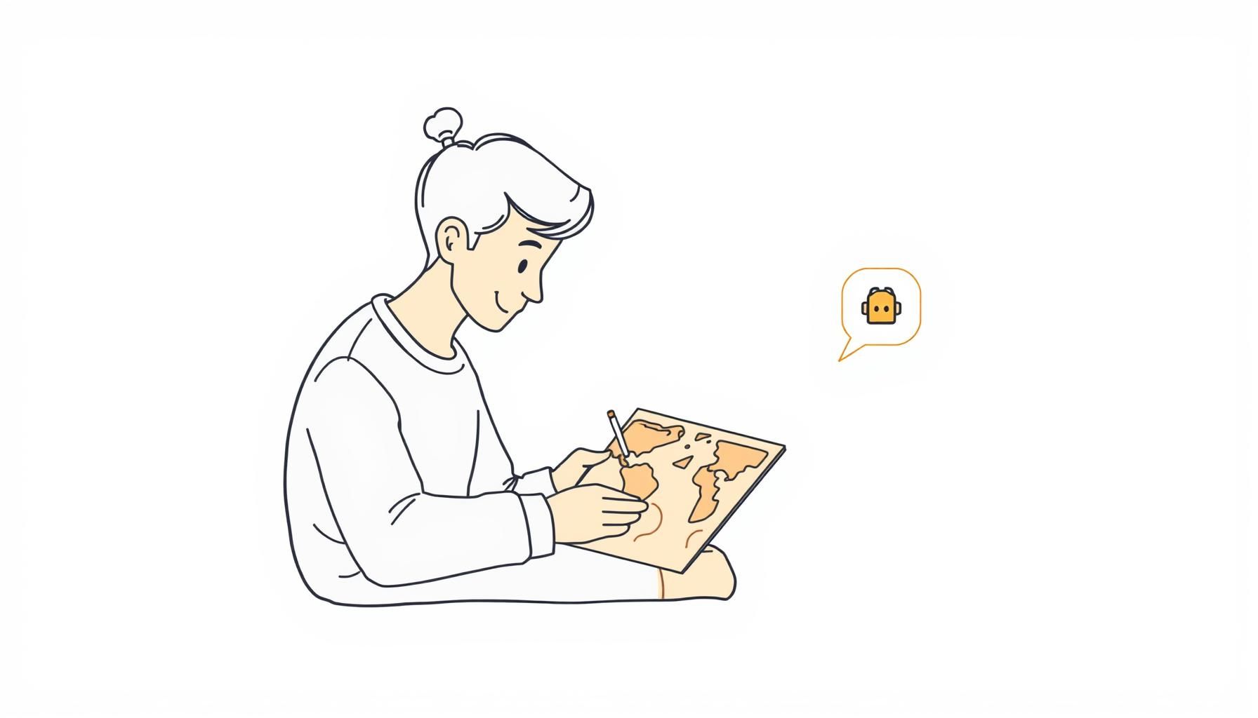 Anak membuat peta manual sambil melihat tablet