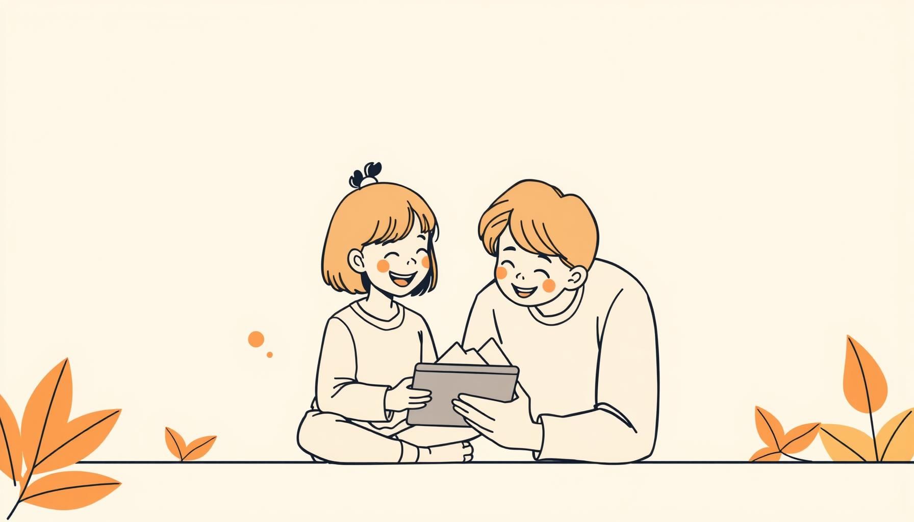 Ayah dan anak mengamati tablet sambil duduk di taman