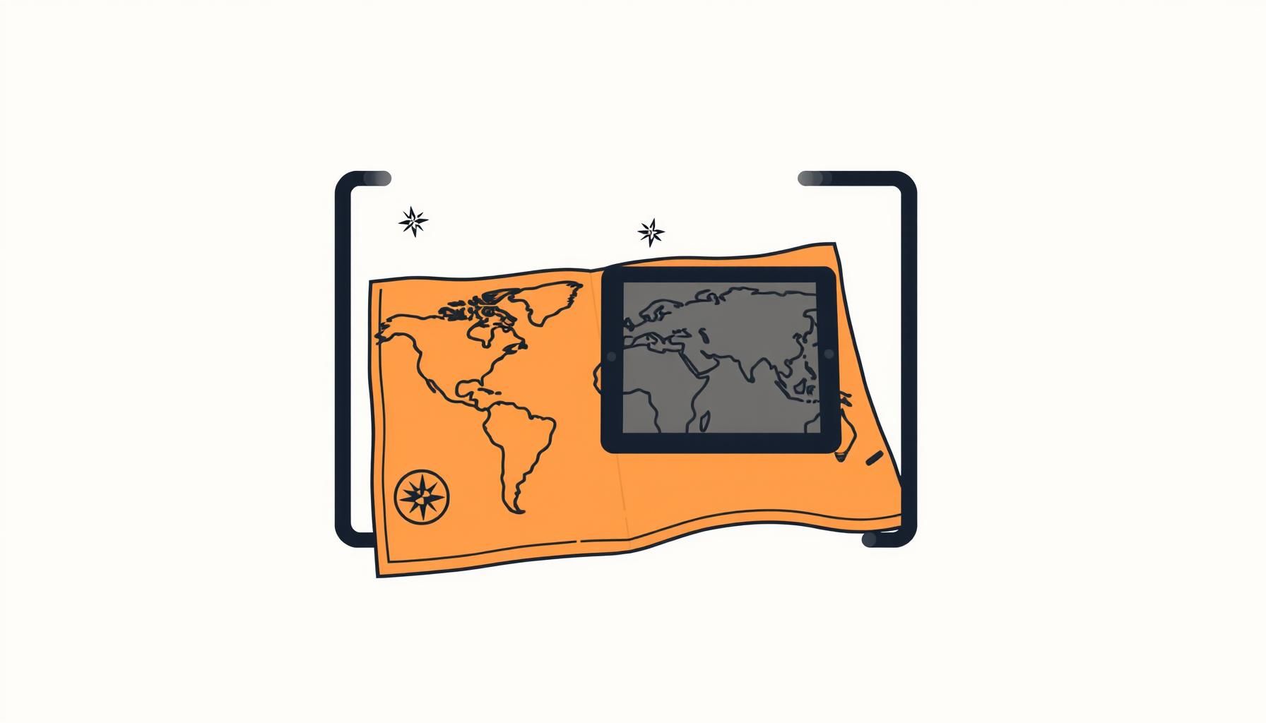 Criança explorando mapa físico e digital