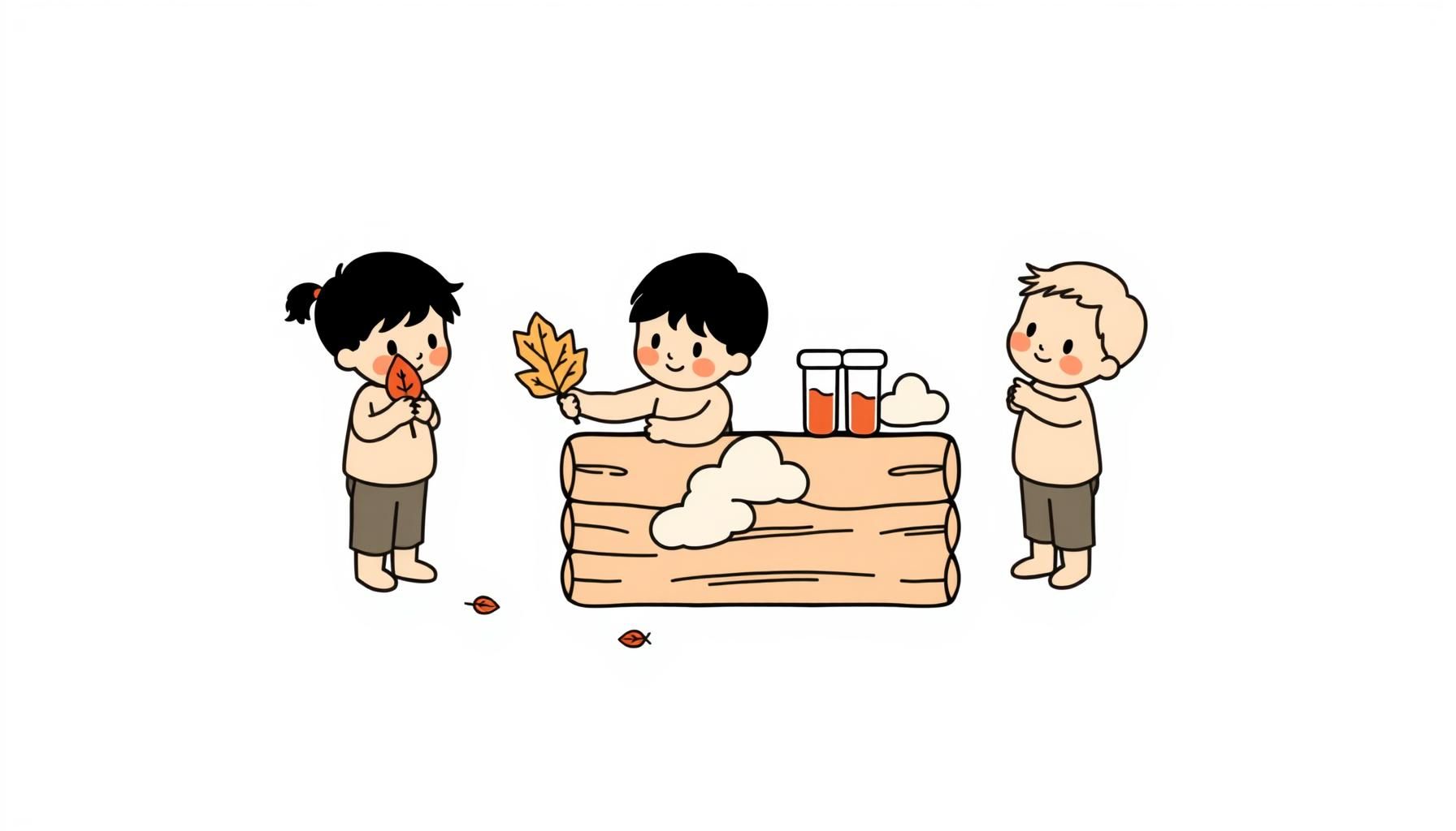 단풍잎으로 실험하는 아이들의 모습