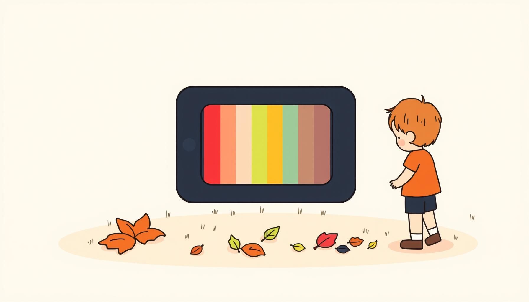 タブレットで落ち葉を調べる娘とパパ