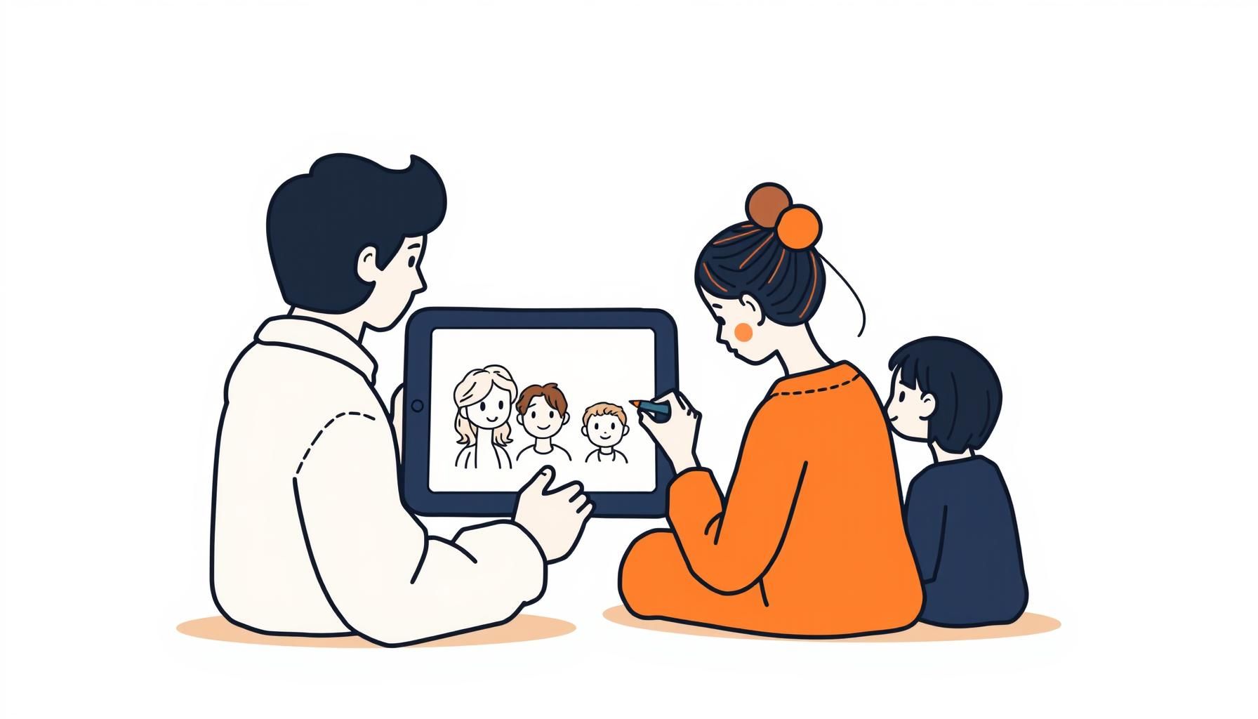 Familia usando tecnología juntos manteniendo la conexión humana