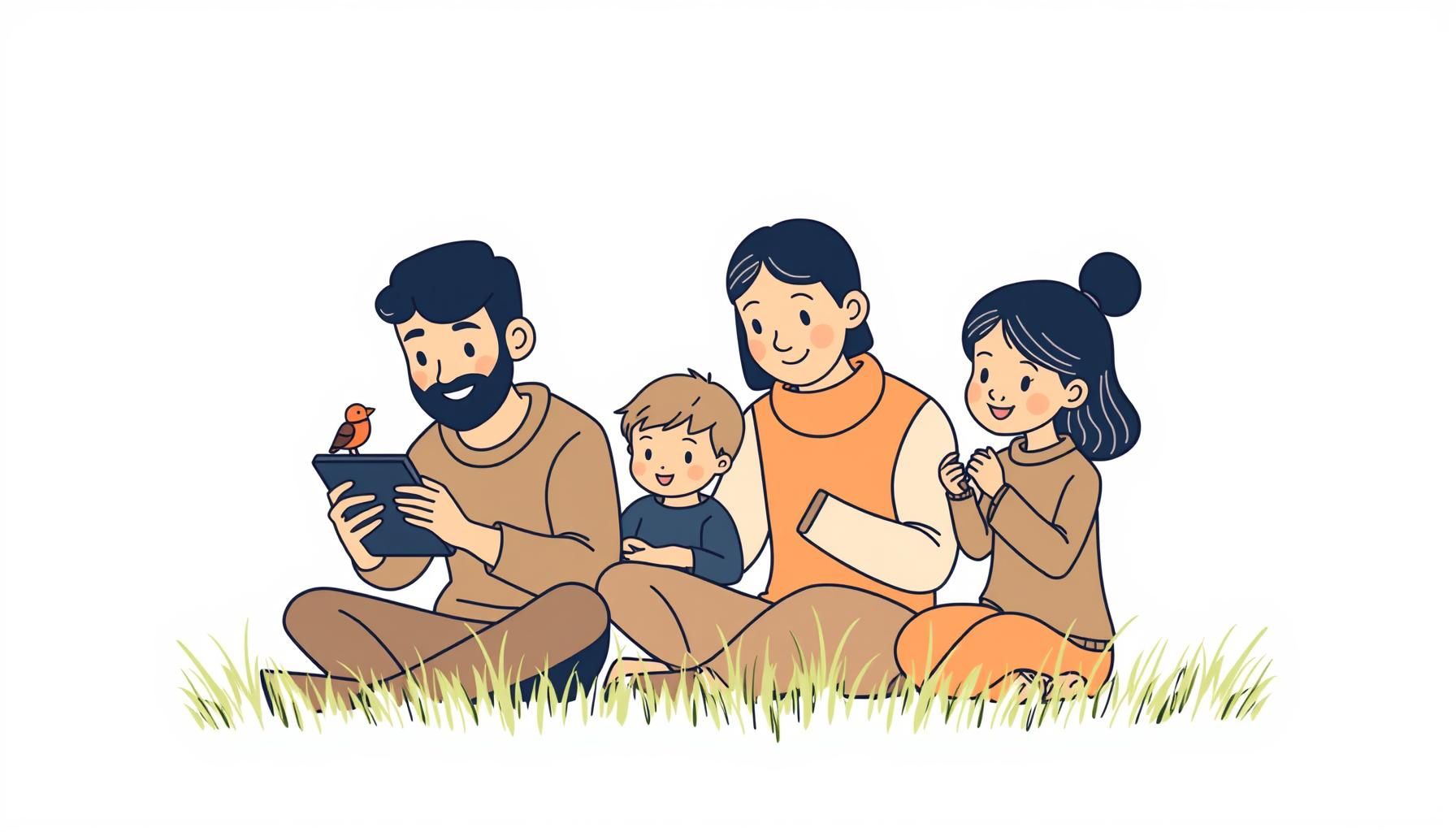 keluarga eksplorasi alam dengan tablet di taman