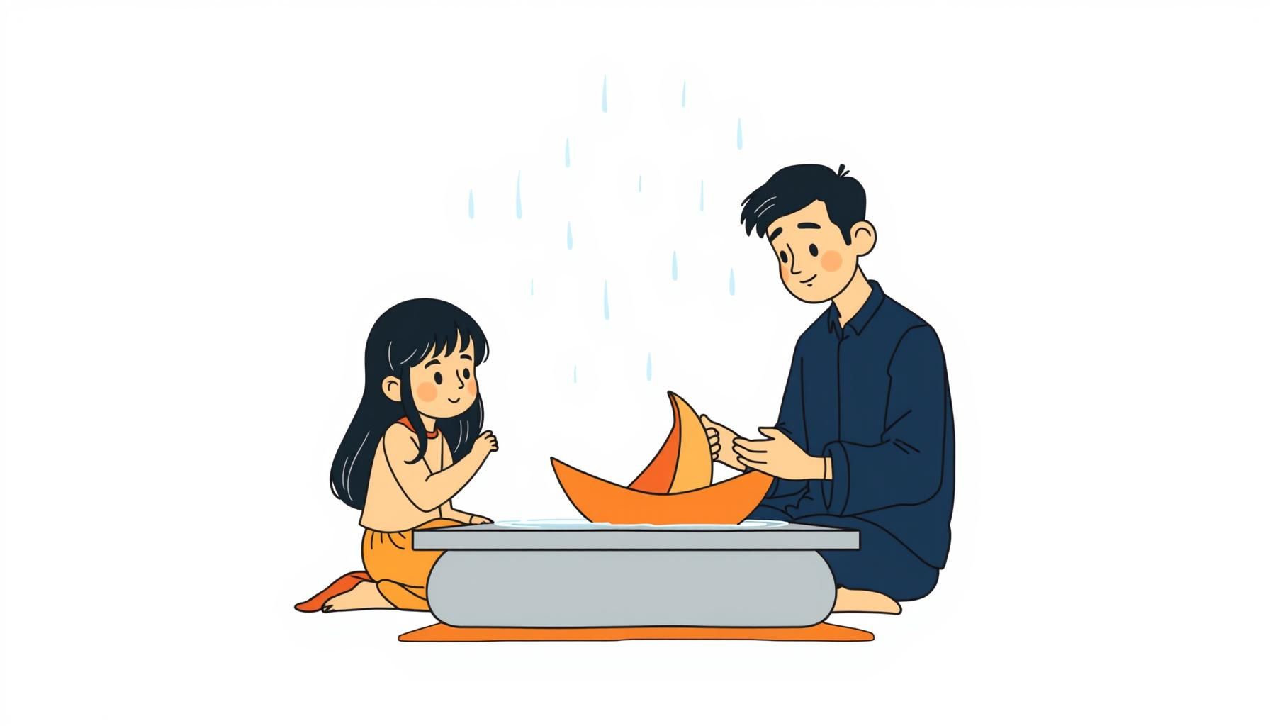 ayah dan anak membuat perahu daun pisang di rumah saat hujan