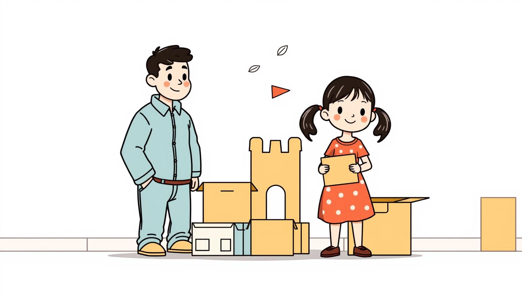 Pai e filha de sete anos transformam caixas em foguete sob o sol da tarde