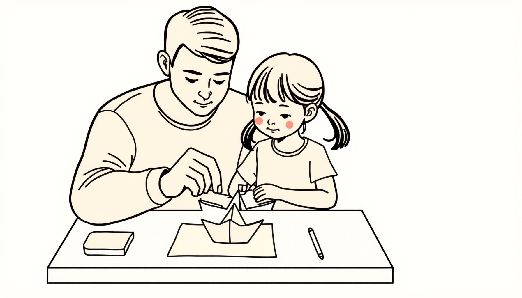 Bé gái 7 tuổi tươi cười cầm tàu giấy màu xanh lá, nền nắng nhẹ