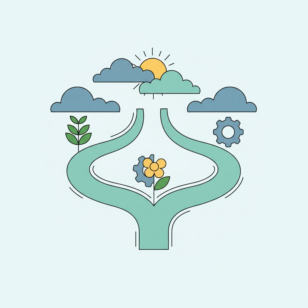 Orang dewasa berdiri di dekan gedung modern dengan ekspresi reflektif