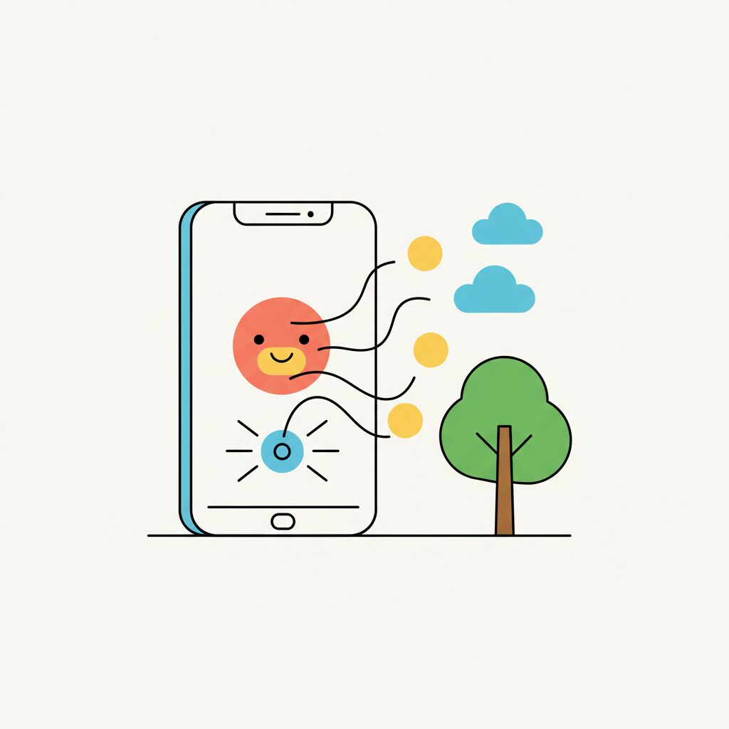 虹を指さす子どもとスマホカメラを向ける親の後ろ姿