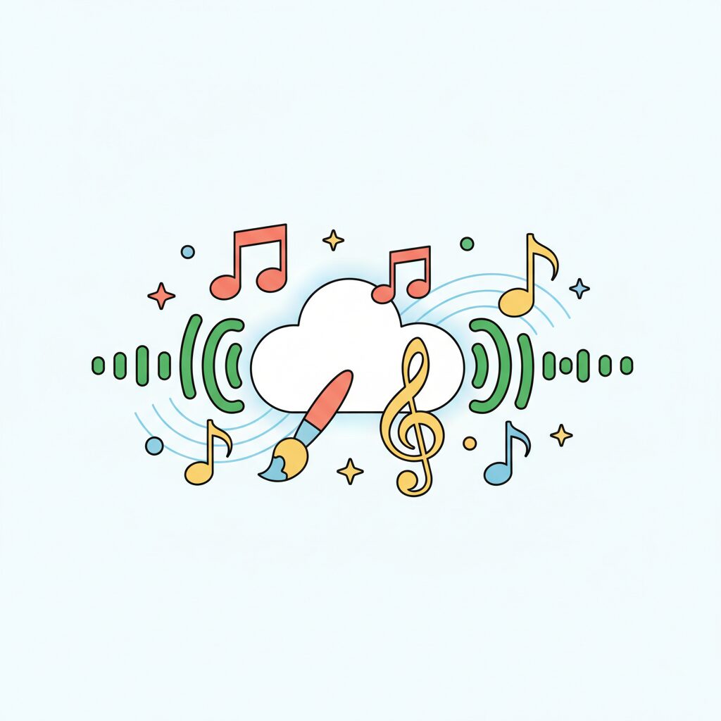 子どもが鼻歌を歌い AIが音楽譜を生成する様子