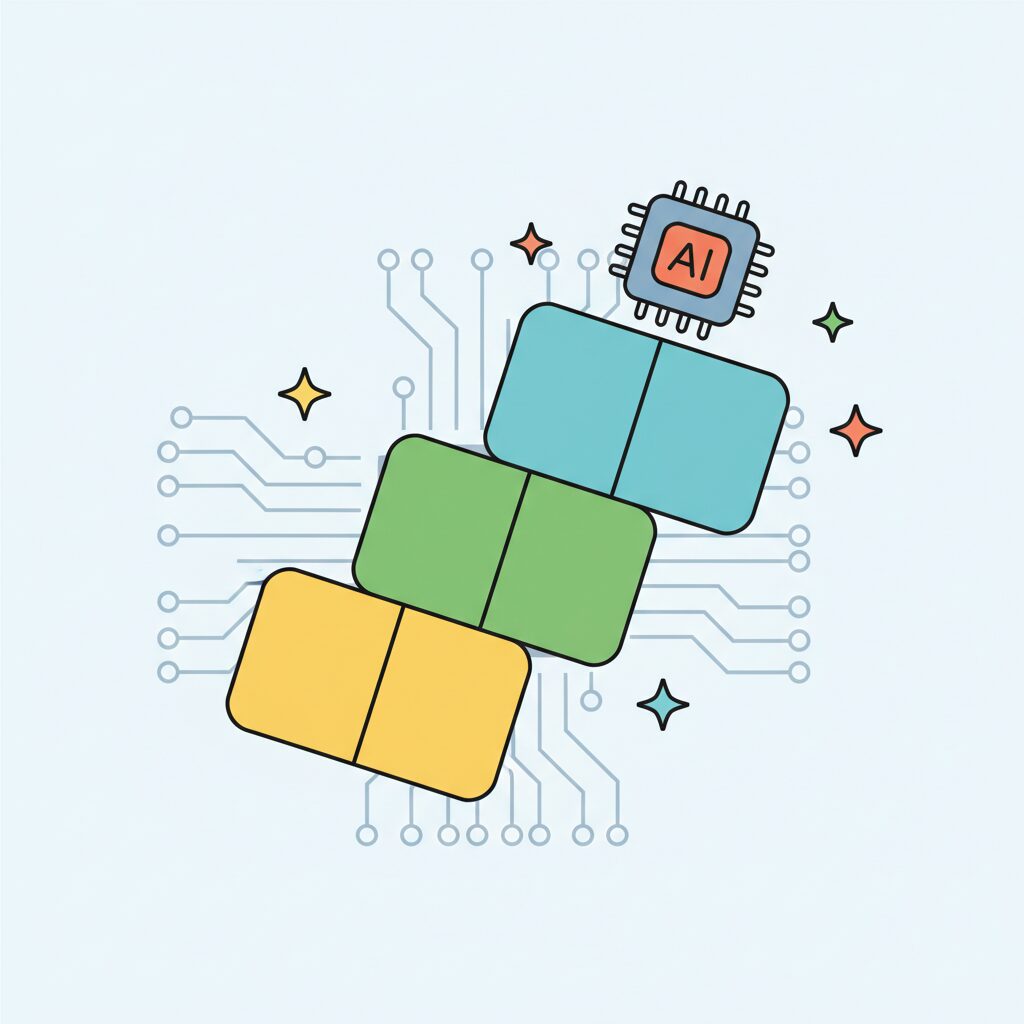 Child playing with building blocks while tablet shows AI graphics