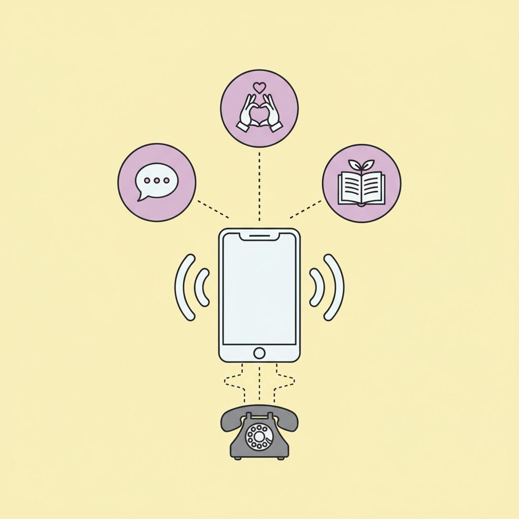 جدة وأحفاد يتحدثون بواسطة هاتف ذكي