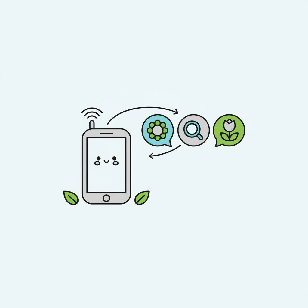 Criança identificando planta com smartphone traduzindo em tempo real