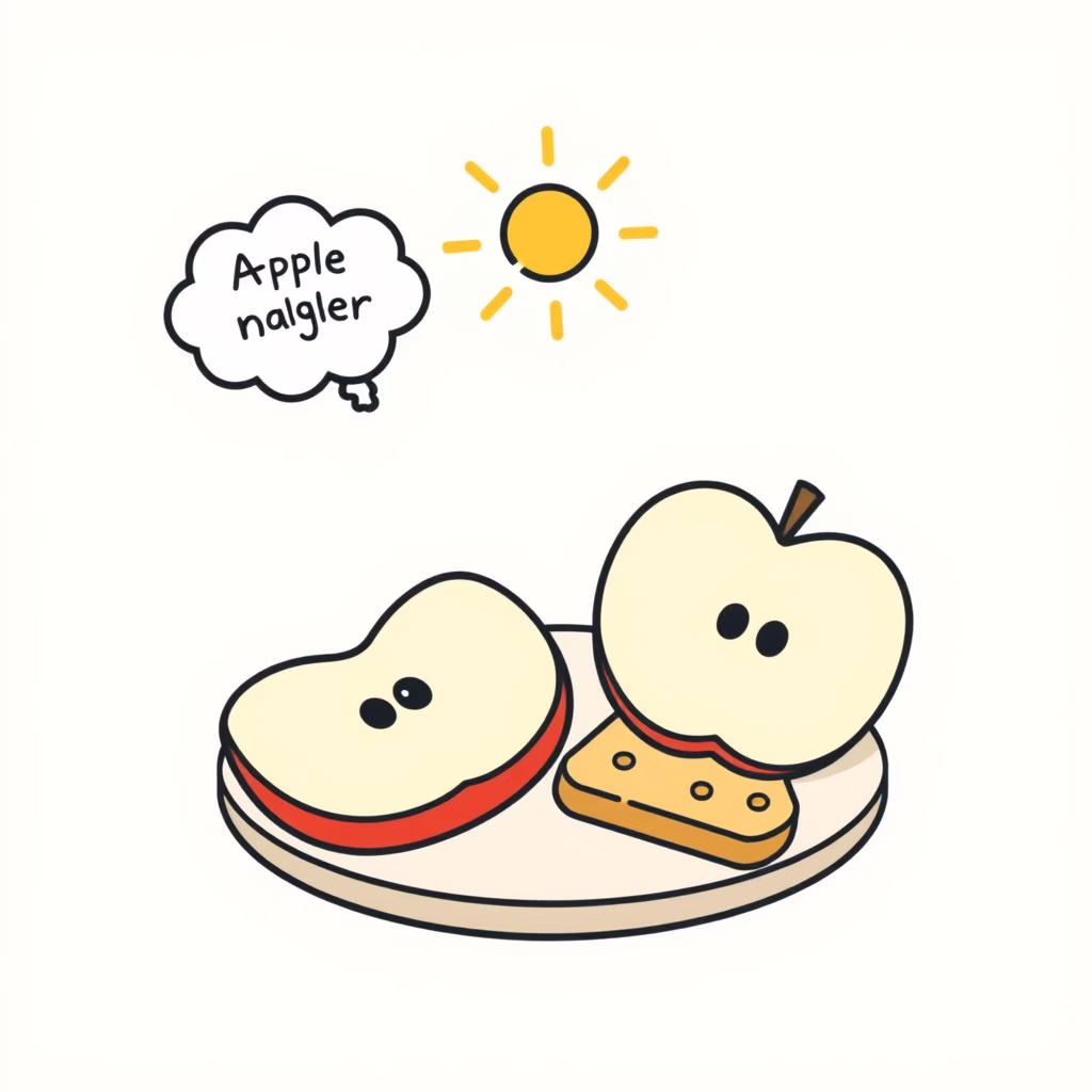A sun-lit kitchen table with apple slices, crackers, and a handwritten ‘what if’ doodle