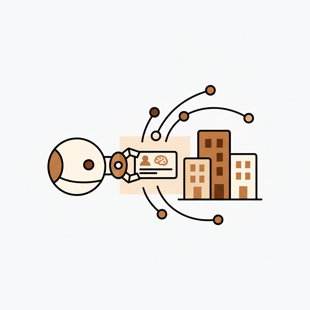 Illustration moderne d'un réseau de connexions professionnelles avec des icônes d'IA et de collaboration