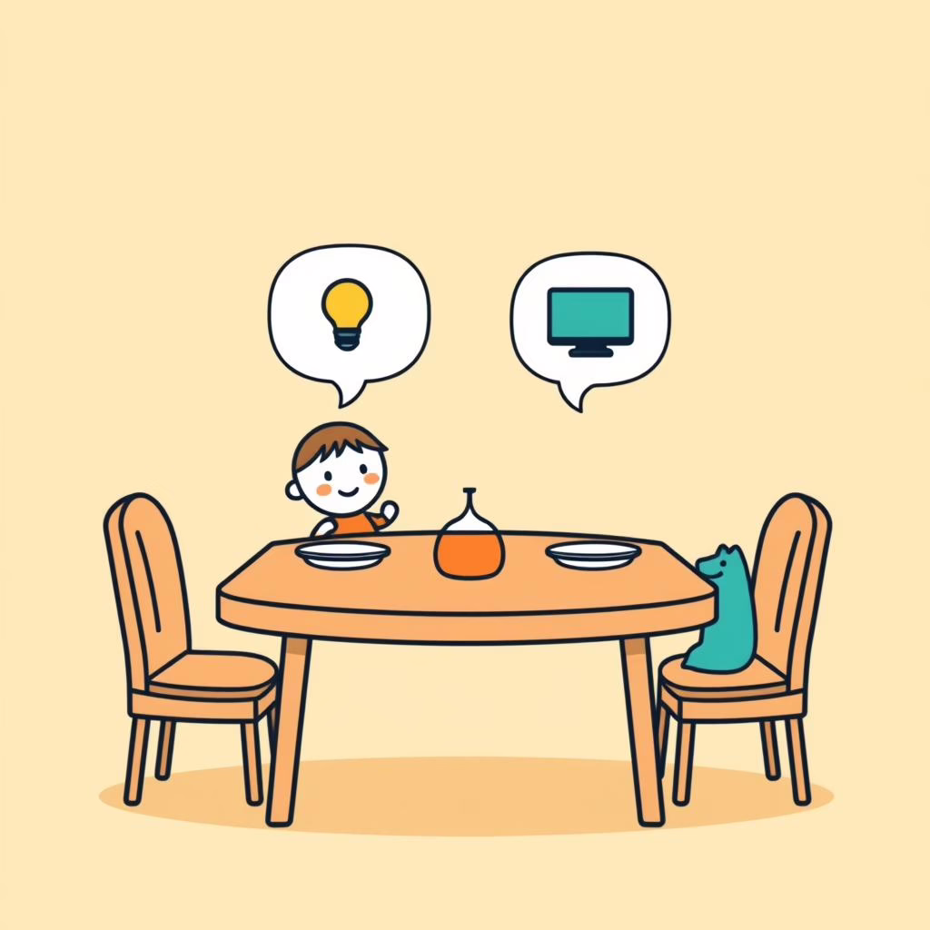 가족이 저녁 식사하며 대화하는 따뜻한 장면, 테이블 위 음식과 웃는 얼굴들