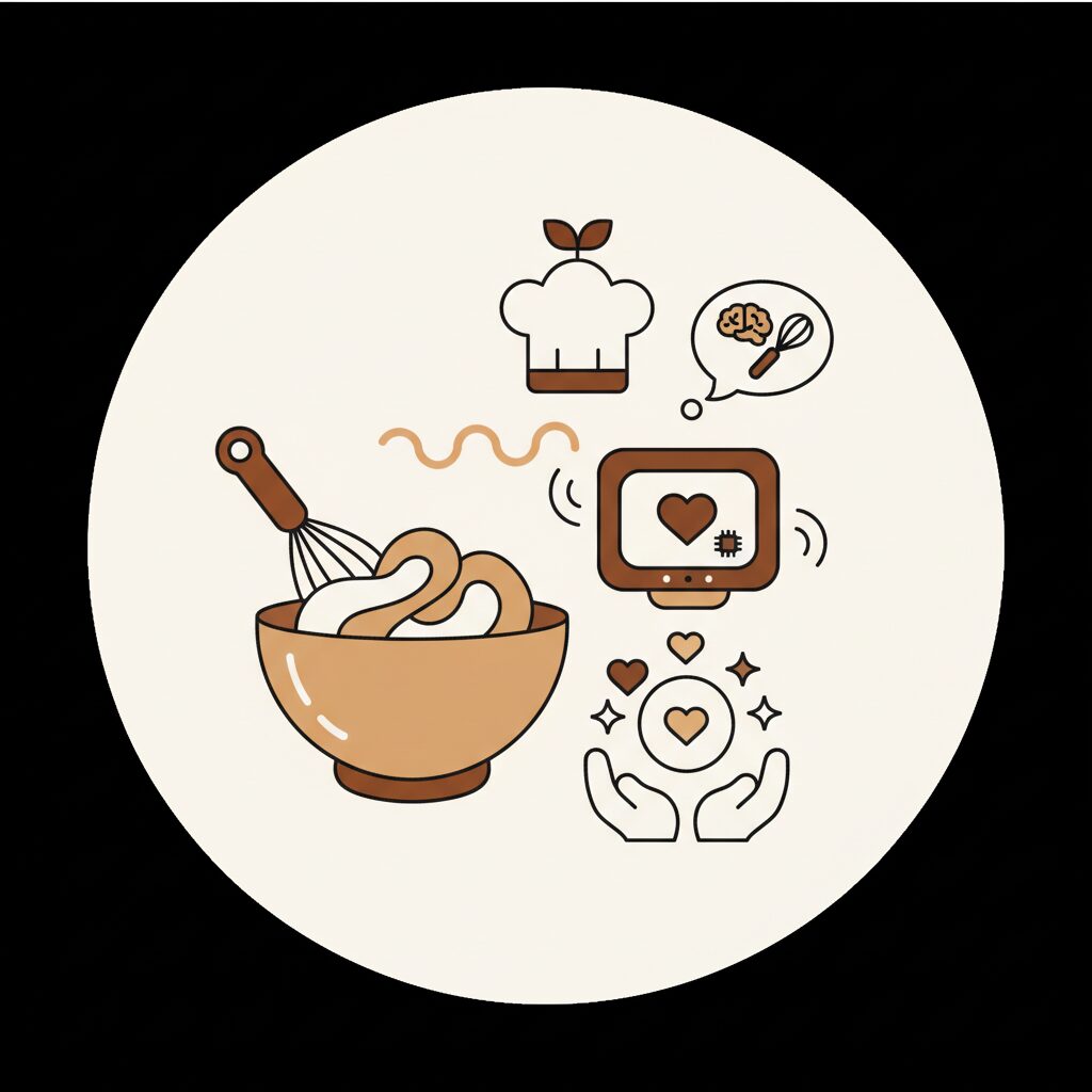 親子でクッキー作りを楽しむ様子　粉まみれになりながらAIレシピを見て笑い合うキッチン風景