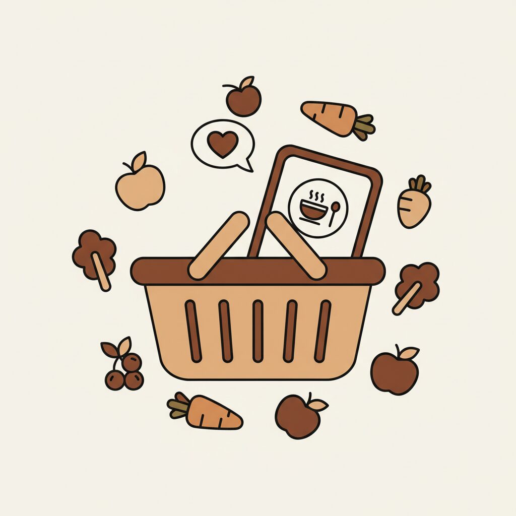 家族が笑顔でAI提案メニューを囲む温かい食事風景　スマートフォンでレシピを見ながら楽しく会話