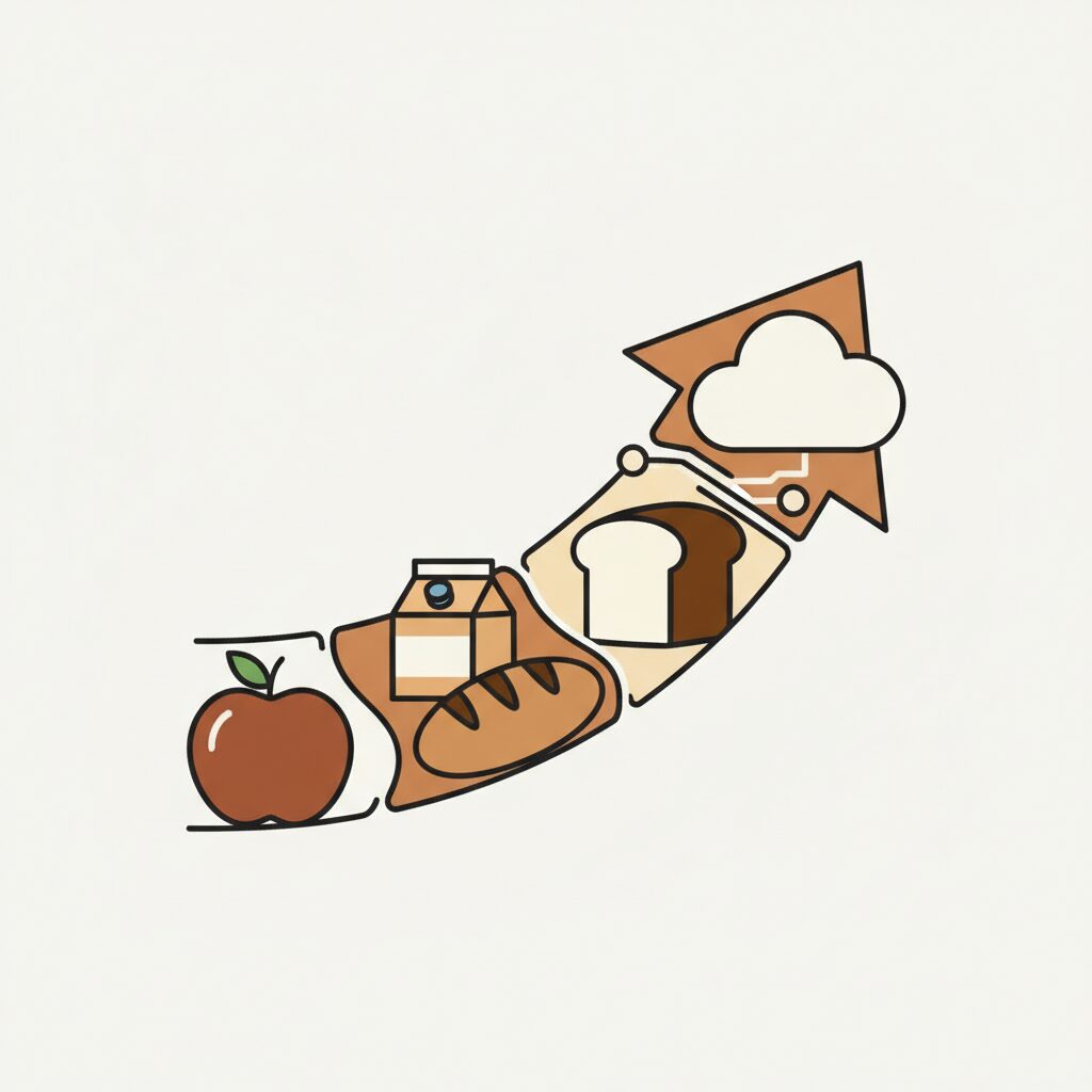 Gráficos de crecimiento de IA en alimentos con familia revisando datos en tablet