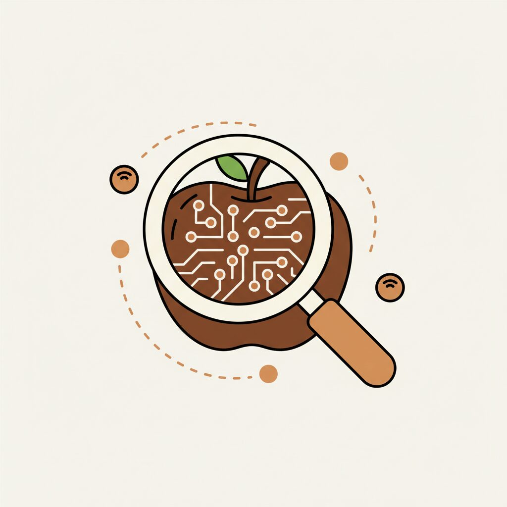 Frutas frescas con sensores inteligentes y niño curioso examinando manzana