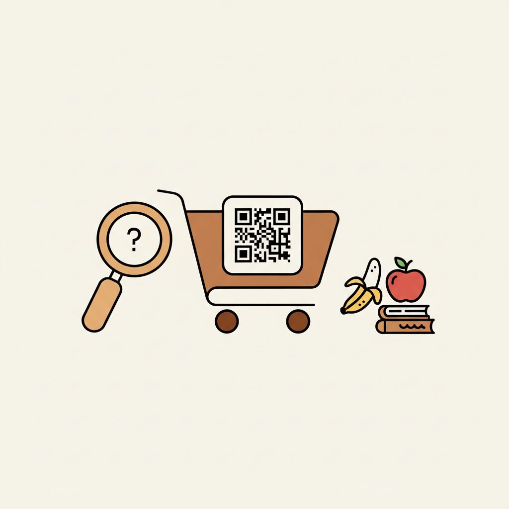 Enfant scannant un produit alimentaire avec smartphone en magasin