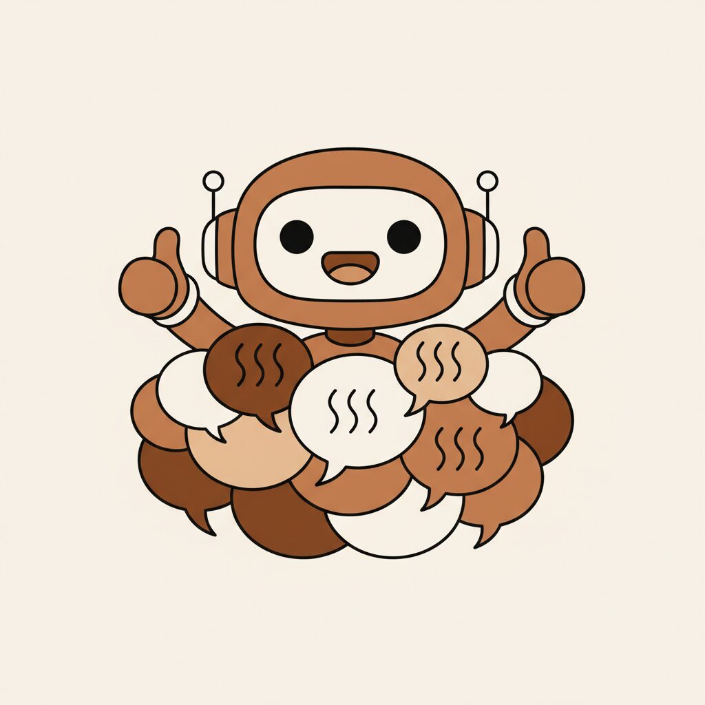 Ilustración de un chatbot dando respuestas ambiguas con símbolos de pulgares arriba