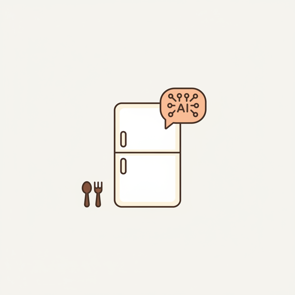 AI冷蔵庫と笑顔の家族の温かいキッチン風景