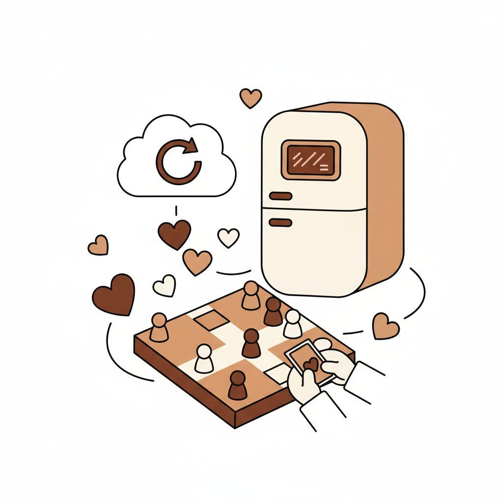 Familia jugando juegos de mesa en sala con nevera inteligente de fondo